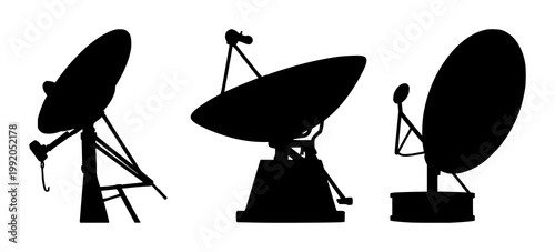 Satellite dish set with black silhouette against white background featuring satellite, dish, technology with communication and signal