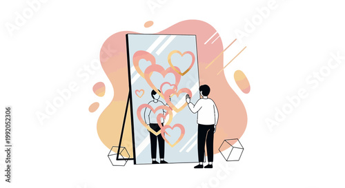 Person admiring reflection of hearts in mirror, self-love concept