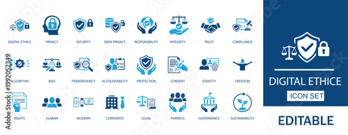 Digital ethics and data privacy icons set. Includes transparency, accountability and human rights technology elements. Perfect for corporate governance and secure systems.
