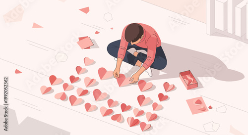 Person arranging paper hearts on floor, symbolizing love, creativity, and DIY projects.