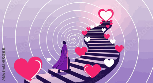 Person Ascending Staircase of Hearts Towards Bright Light Symbolizing Love Journey