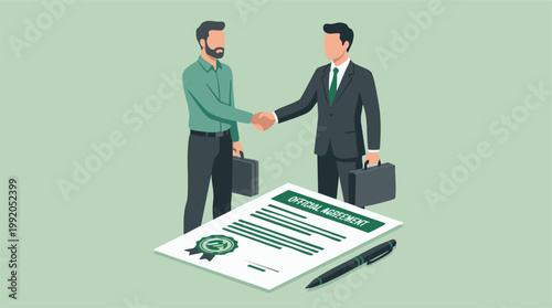 Businessmen shaking hands over an official agreement document