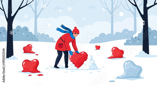 Person building melting heart sculptures in snowy winter forest, love concept