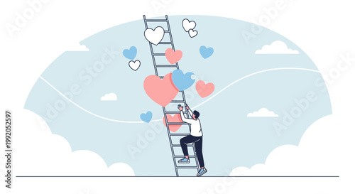 Person climbing ladder towards hearts in sky, symbolizing love, dreams, and aspirations