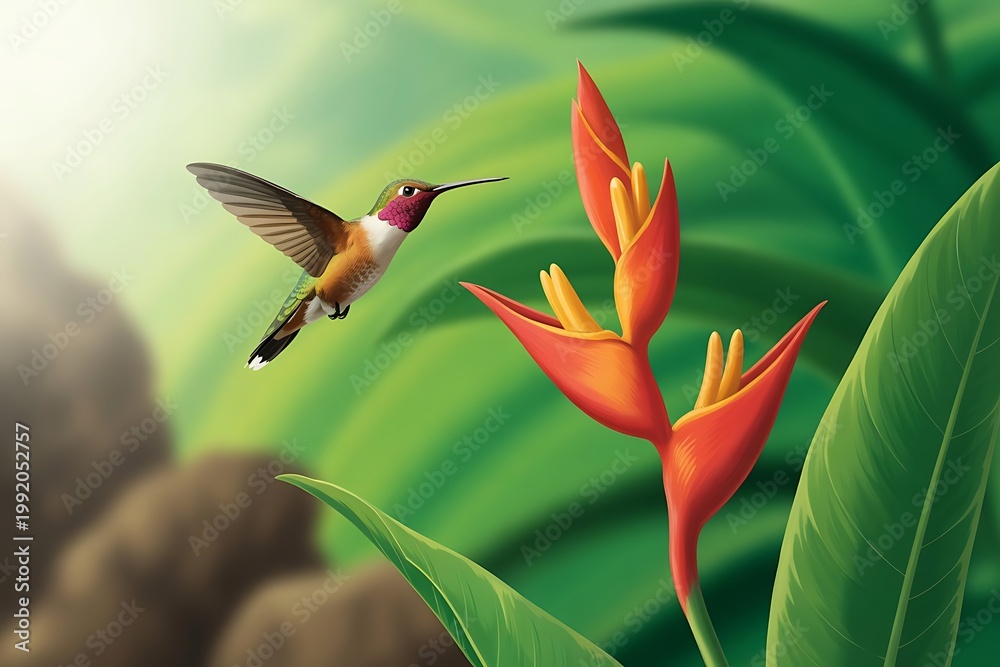 Obraz premium Hummingbird flying near vibrant red heliconia flowers in lush tropical garden