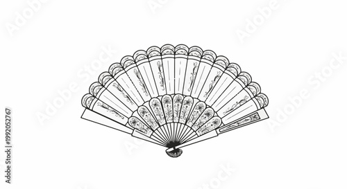 Ornate folding fan with floral and vine decorations, open, isolated
