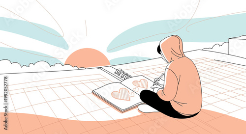 Person drawing hearts on notebook on rooftop at sunrise, creative inspiration