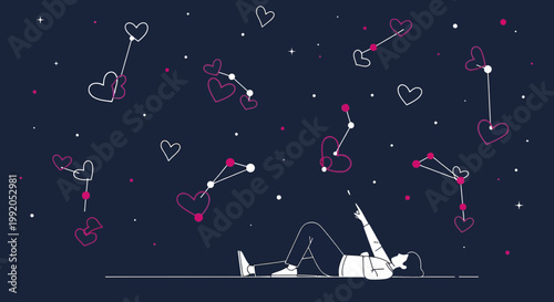 Person gazing at heart constellations in starry night sky, romantic astronomy concept