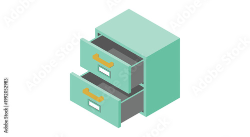Isometric illustration of a teal filing cabinet with two open drawers