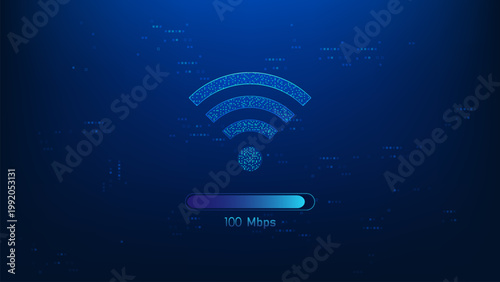 Technology background WiFi symbol with network speed status indicators below, representing wireless connectivity, internet performance, signal strength, high-speed network, and digital communication