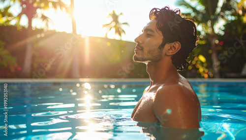 A person enjoying the sun while relaxing in a tranquil pool