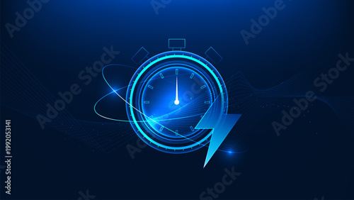 Technology background stopped clock with a lightning symbol in the foreground, representing critical timing, sudden disruption, urgent decision making, power, energy impact, business and technology.