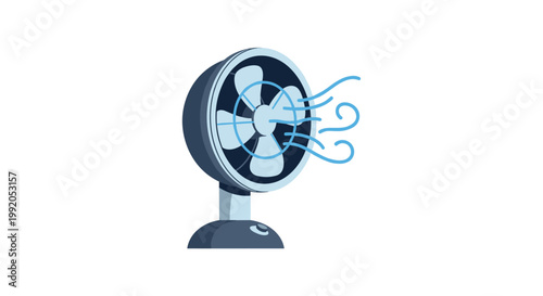 A sleek blue electric table fan with rotating light blue blades actively circulates refreshing air represented by stylized swirling lines on white space.