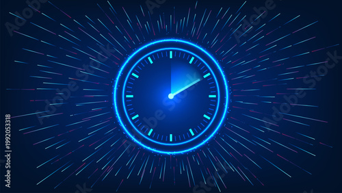 Abstract technology background a clock with light rays emerging from behind, representing business growth, innovation, technological advancement, future development, and progress in the digital