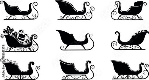 Santa sleigh silhouette collection with decorative Christmas sled designs festive holiday transport isolated vector illustration set