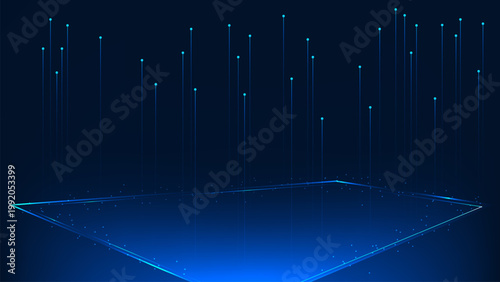 Abstract technology background digital square platforms with data streams rising upward, representing data transmission, high-speed connectivity, big data flow, cloud computing, digital infrastructure