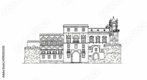 Ornate historical palace with crenellations, arches, and towers
