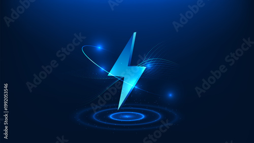 Technology energy background lightning symbol surrounded by circular rings, representing power generation, renewable energy, energy storage, battery systems, sustainable power, continuous energy