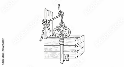 Ornate key hangs suspended by rope attached to wooden structure