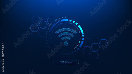 Technology background WiFi symbol inside a circular tech interface with internet speed status indicators, representing wireless connectivity, network performance, high-speed internet, signal strength