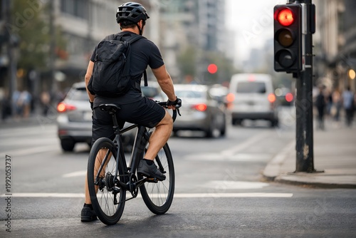 A man on a bicycle stops at a red traffic light in a busy city street. Cars are seen waiting and other cyclists and pedestrians move nearby. It is a typical afternoon