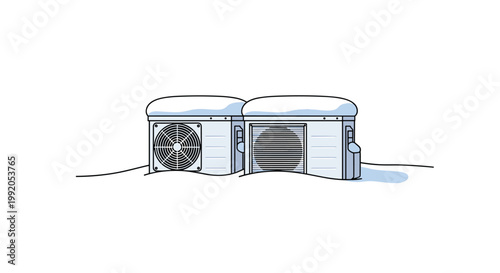 Two industrial outdoor air conditioning condenser units sit partially submerged within a deep blanket of pristine white snow during a cold winter season.