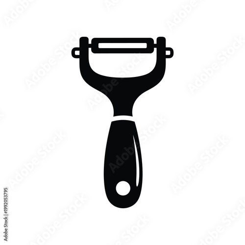 Solid black silhouette icon of a handheld vegetable peeler representing kitchen tools and food preparation for culinary and cooking design applications in a minimalist modern graphic style