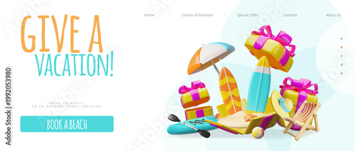 Give a vacation vector landing page shop advertising 3D design, beach chair and parasol, surfboard and hat in gift box