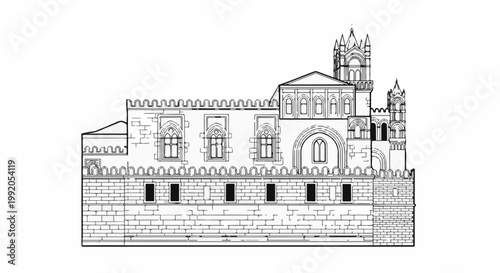 Ornate stone structure with crenellations, arched windows, and spires