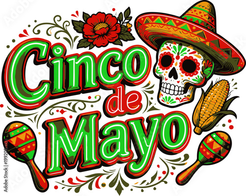 Vibrant Cinco de Mayo Typography with Sugar Skull and Mexican Elements