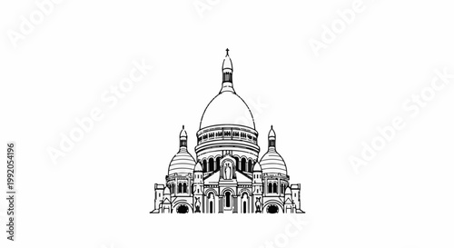 Ornate, stylized white silhouette of a grand dome-topped building