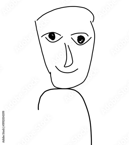 Minimalist hand drawn primitive line art sketch of a smiling face character
