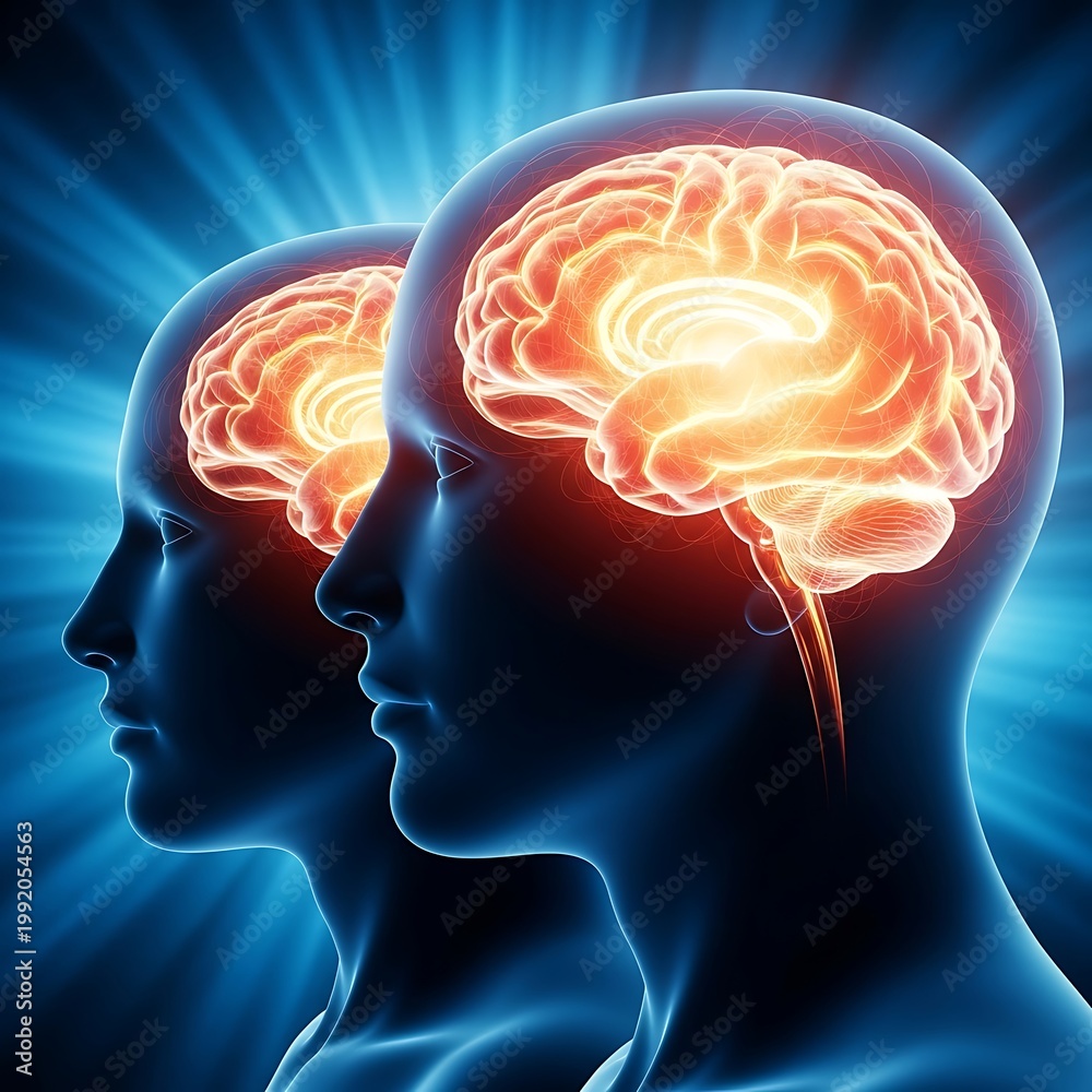Obraz premium 3D illustration of glowing human brain with neural activity and creative thinking concept in dark blue background