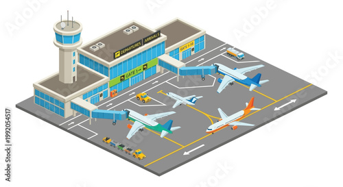 Isometric illustration of a busy airport terminal with airplanes and control tower