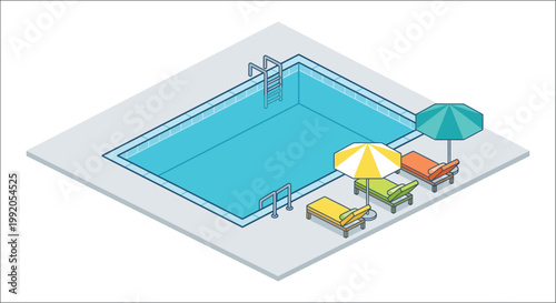 Isometric view of a backyard swimming pool with lounge chairs and umbrellas