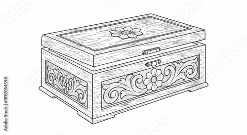 Ornate wooden chest with floral carvings and wood grain texture