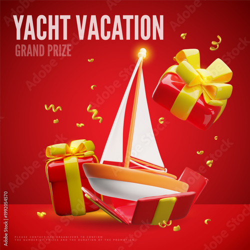 Yacht vacation 3D promotion vector design, red gift box with sailboat, travel surprise gift, tourist vessel grand prize