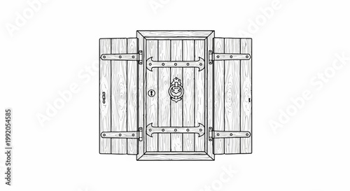 Ornate, wooden triple door with heavy iron hinges and a lion head knocker