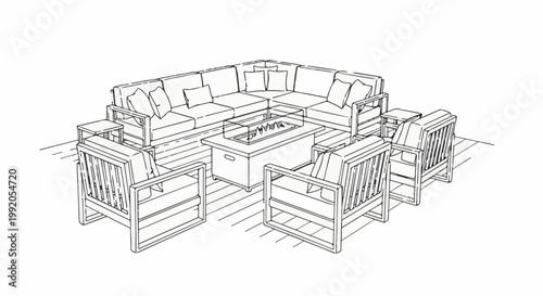 Outdoor sectional furniture with a fire pit coffee table on a deck