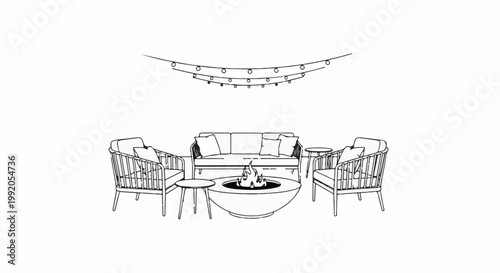 Outdoor seating area with fire pit and string lights