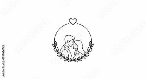 Outline art of a couple in a circular wreath with a heart