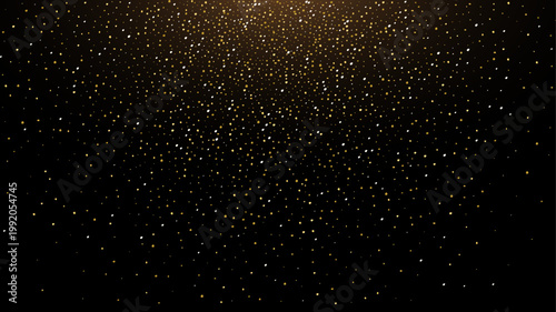 Golden blink sequin background. Gold sequins falling on black background creating bright celebration atmosphere with sparkling confetti and shimmering texture for festive design. Vector illustration.