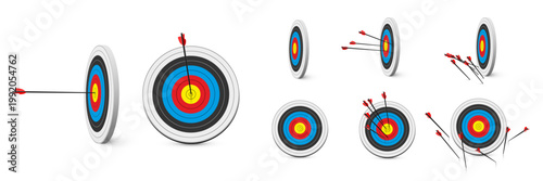 Archery target arrows set. Archery target with concentric color rings on white background, multiple arrows embedded, side and front views. Minimal realistic vector illustrations set.