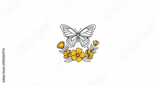 Outline butterfly with yellow flowers against a white background