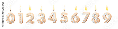 Birthday candles set for anniversary cake vector illustration. 3D realistic beige wax numbers with fire, burning numeral figures with candlelight on pink background for invitation, greeting card.