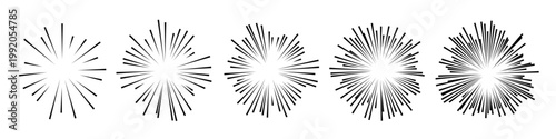 Round sunburst, line radial exploding frame icon set. Set fluffy pom poms. Circles made of black lines from center, manga comic speed effect, explosion or radial bursts. Vector illustration.