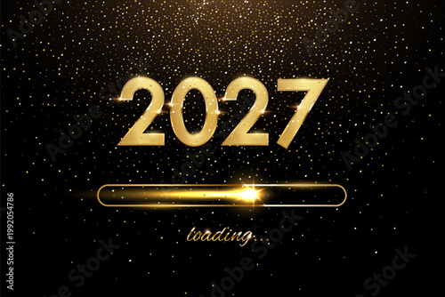 2027 Happy New Year greeting card vector background. Golden numbers 2027 with loading bar and confetti on black. Luxury festive sparkle holiday postcard, invitation, banner.