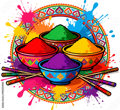Colorful Holi Celebration Design with Gulal Bowls and Fireworks