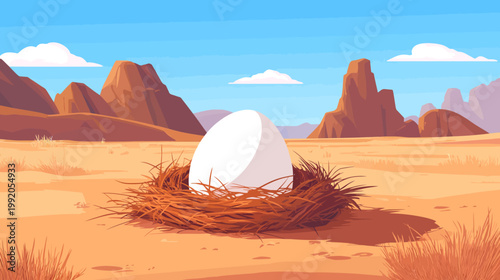 Pixelated artwork of a large white egg in a nest set in an arid landscape with distant mesas