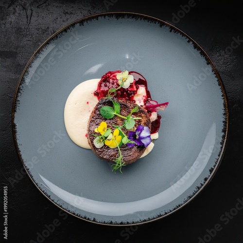 Cuadro en lienzo Gourmet Fine Dining Dish on Dark Slate Plate